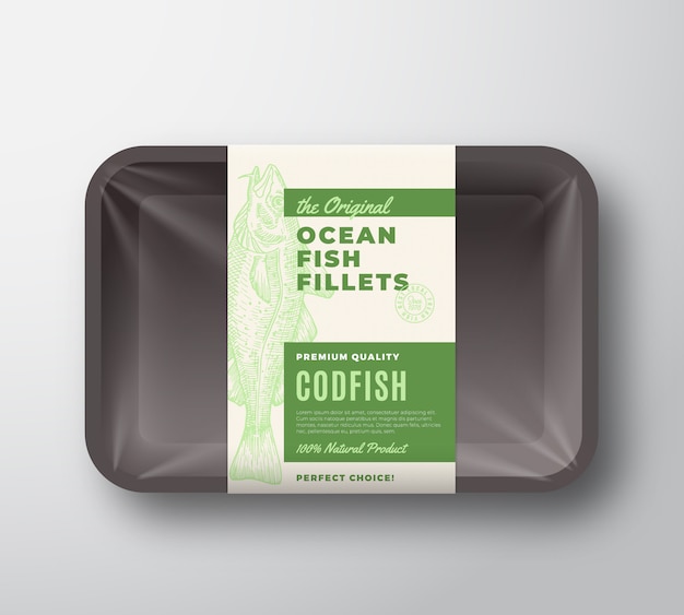 Vektor das original-fischfilet-etikett mit abstrakter verpackung auf kunststoffschale mit zellophanabdeckung. moderne typografie und handgezeichnete codfish silhouette hintergrundlayout.