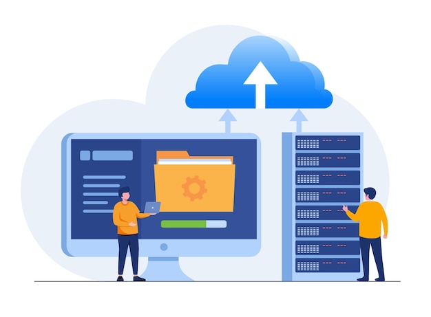 Datenserver-Webkonzept Speichertechnologie-Datenbank Vorlage der Personenszene Vektorillustration mit Charakteraktivitäten in flachem Design für Website-Ordner-Rechenzentrum