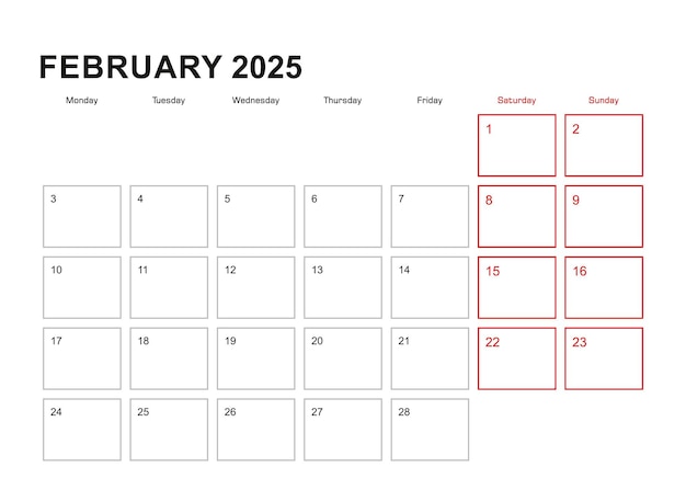 Vektor der wandplaner für den februar 2025 in der englischen sprachwoche beginnt am montag