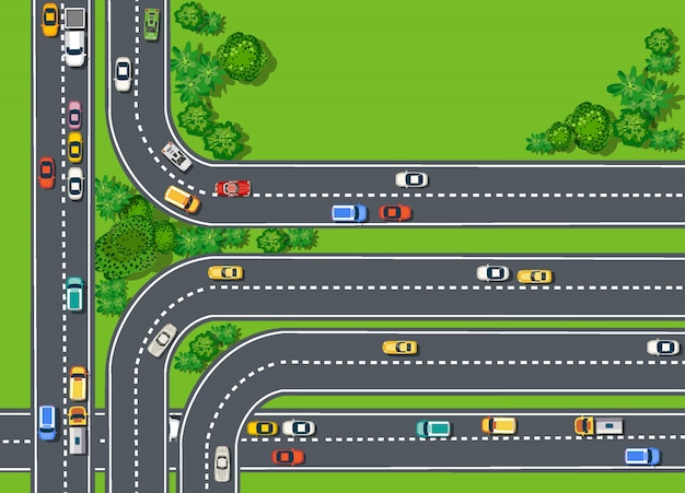 Vektor draufsicht der straße mit landstraßen viele verschiedenen fahrzeuge