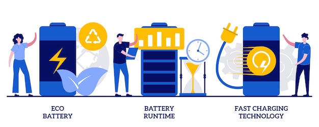 Vektor eco-akku, akkulaufzeit, schnelles ladetechnologiekonzept mit winzigen leuten. akku abstrakte vektor-illustration-set. innovatives öko-design, lange akkulaufzeit, schnelllade-metapher.