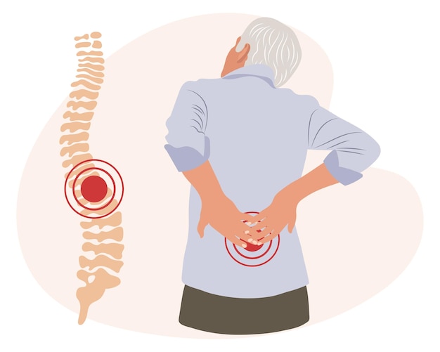 Vektor ein älterer mann mit schmerzen in den lendenwirbeln. rückenschmerzen, muskelschmerzen, arthrose, rheumatoider arthritis