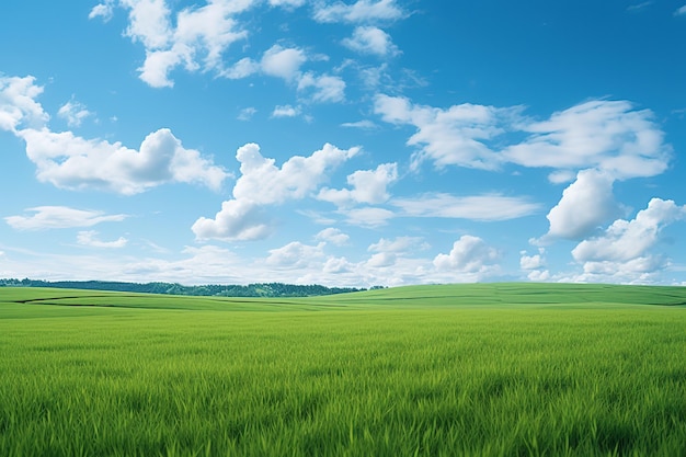 ein Feld aus grünem Weizen mit blauem Himmel und Wolken im Hintergrund