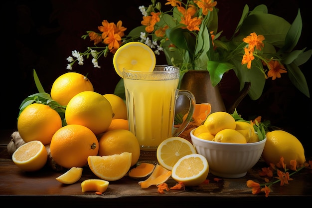 ein Krug mit Orangensaft sitzt neben einer Schüssel mit Zitronen