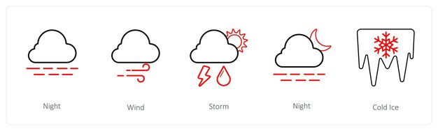 Vektor ein satz von 5 wetter-ikonen wie nachtwindsturm