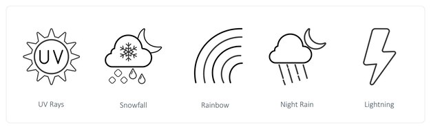 Vektor ein satz von 5 wetter-ikonen wie uv-strahlen, schneefall