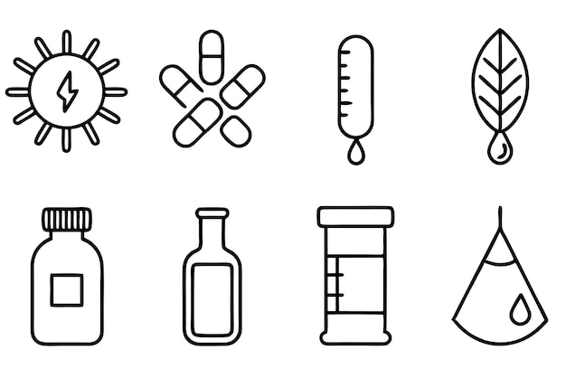 ein schwarz-weißes Bild von Medizin und Medizin-Ikonen