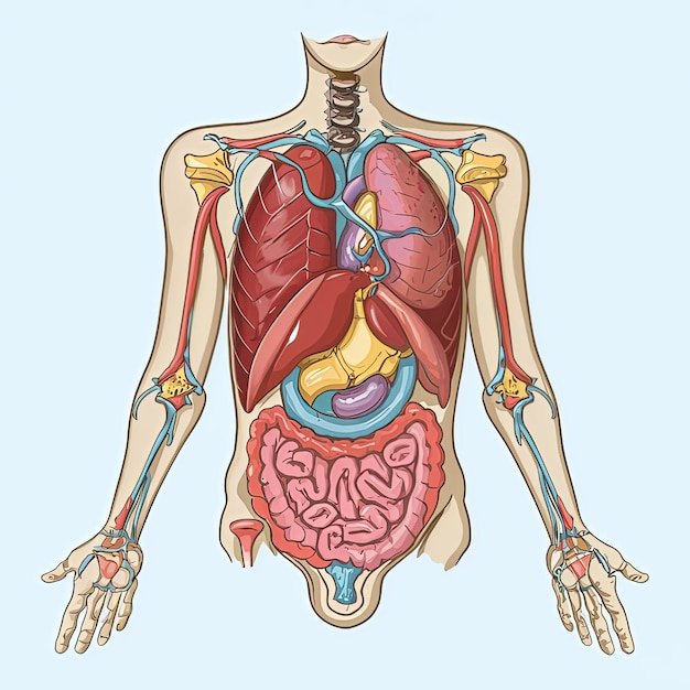 Eine aufwändig detaillierte anatomische Darstellung des menschlichen Körpers mit verschiedenen inneren Organen