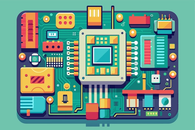 Vektor eine detaillierte ansicht einer anpassbaren flachen gedruckten leiterplatte mit farbenfrohen elektronischen komponenten druckplatte anpassbare flache illustration