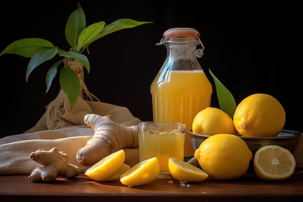 eine Flasche Zitronensaft sitzt auf einem Tisch neben Zitronen