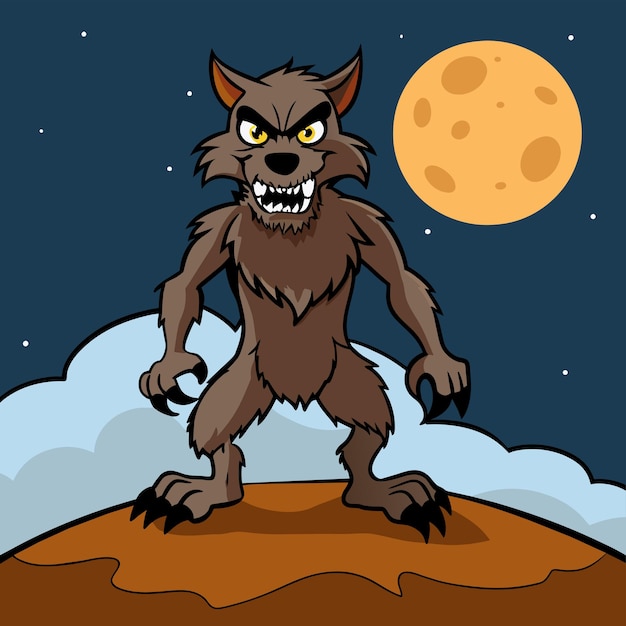 Vektor eine karikatur eines wolfes auf einem felsen mit einem vollmond im hintergrund