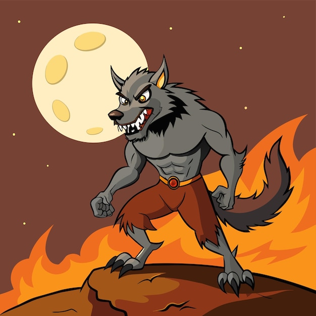 Vektor eine karikatur eines wolfes mit einem vollmond im hintergrund