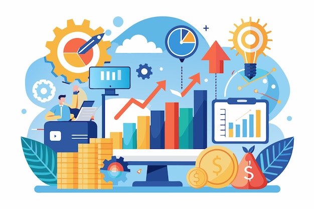 Vektor eine kreative darstellung zeigt geschäftsanalysen, wachstumsdiagramme und finanzielle konzepte in aktion beobachten sie das geschäftswachstum