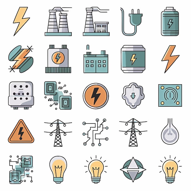 Vektor eine sammlung von ikonen, einschließlich einer stromversorgung, strom und elektrizität