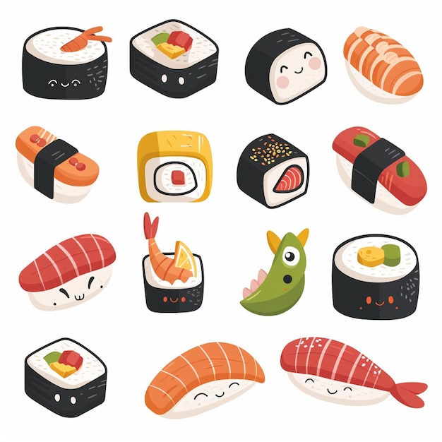 Vektor eine sammlung von sushi und sushi mit einem gesicht darauf