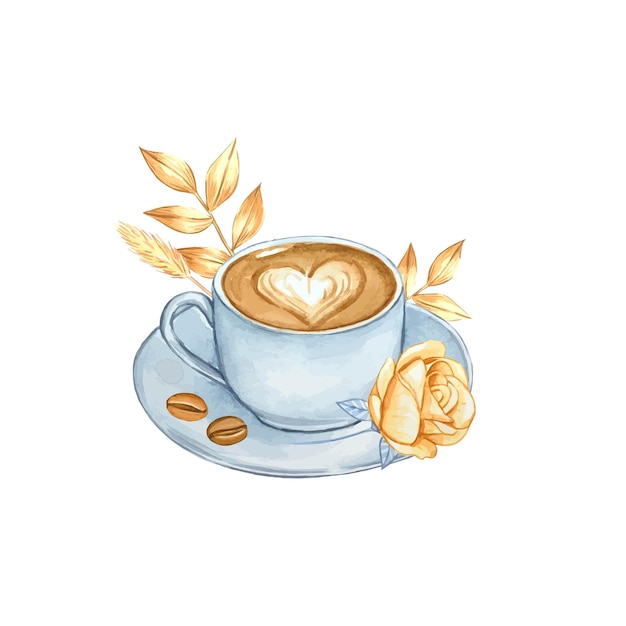 Eine Tasse Kaffee und Kaffeebohnen Aquarellillustration