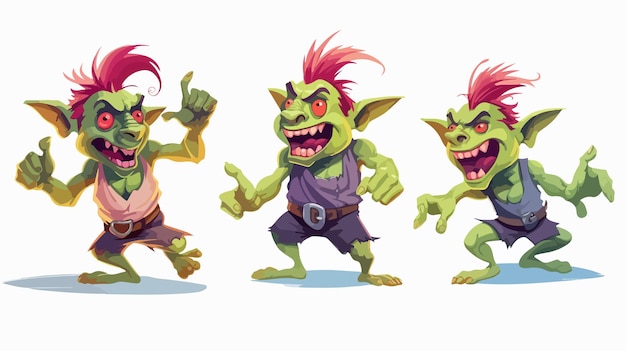 Vektor farbiger goblin-troll in verschiedenen posen