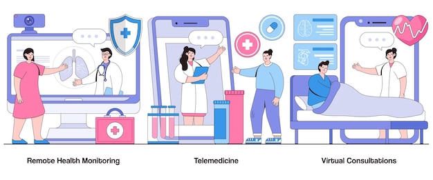 Vektor fernüberwachung der gesundheit telemedizin virtuelle konsultationen konzept mit charakter business telemedizin abstrakte vektor-illustrationssatz ferndiagnostik digitale gesundheitszugangsmetapher