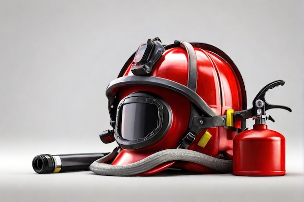 Feuerlöscher mit Feuerwehrhelme 3D-Rendering auf weißem Hintergrund