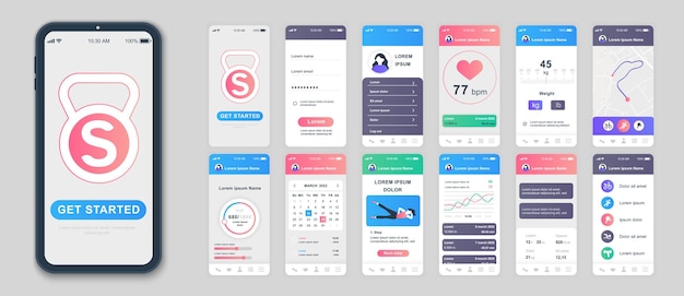 Vektor fitness-mobile-app-bildschirme für web-vorlagen paket von benutzerprofilen gewicht oder puls informationen online-karten kalender übung ui ux gui benutzeroberfläche-kit für handy-layouts vektordesign