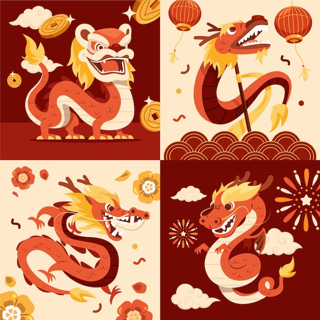 Vektor flach chinesischer drachen-illustrationssatz