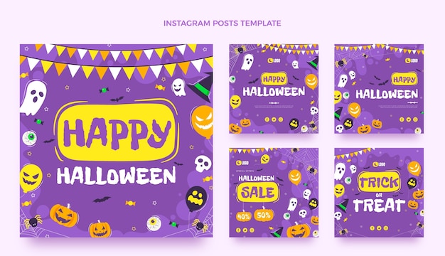 Flache halloween instagram posts sammlung