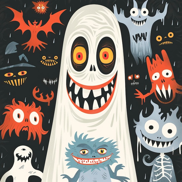 Vektor flache illustration von smiling ghost mit anderen halloween-monstern halloween-elemente happy hallowee