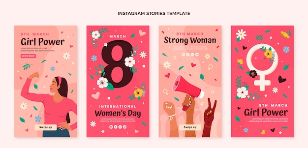 Flache Sammlung von Instagram-Geschichten zum internationalen Frauentag