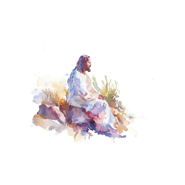 Vektor friedliche aquarelle von jesus sitzend vektor-illustrationsdesign