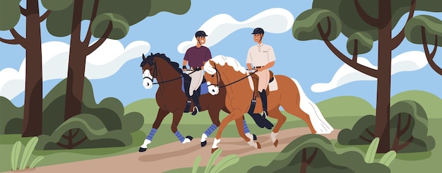 Vektor fröhliche menschen beim ausritt. männerfreunde auf dem rücken eines hengstes, trabend, laufend im wald. reiter reiten in der natur. reiter beim sommerspaziergang im wald. flache vektorillustration.