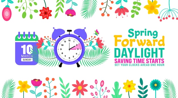 Vektor frühlingsvorwärtskonzept 2024 banner daylight saving time beginn des hintergrunds mit cartoon-doodle-stil