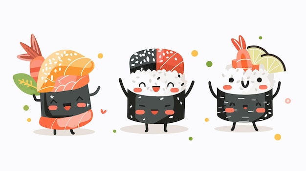 Vektor funny sushi character concept design mit verschiedenen niedlichen sushi-charaktern