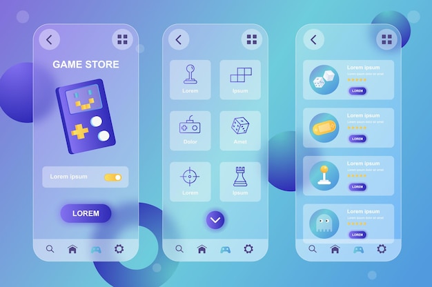 Vektor game store glassmorphic design neumorphic elemente kit für mobile app ui ux gui bildschirme eingestellt