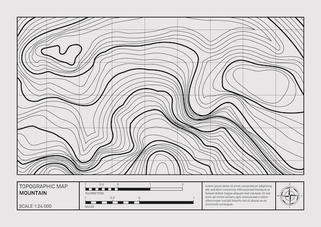 Vektor geographische berglandschaft relief konturkarte topografisches poster abstrakte linienzeichnung