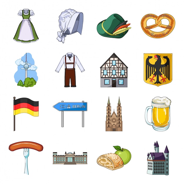 Vektor gesetzte ikone der landdeutschland-karikatur. oktoberfest-cartoon-set-symbol. land deutschland.