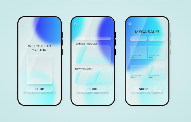 Vektor glassmorphism mobile shop-app-vorlage mit telefon