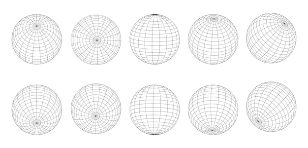 Vektor globus-gitter-kugeln streifen 3d-drahtrahmensphären geometrie globus-gitter erdlinie symbolen-satz