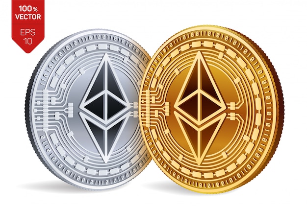 Goldene und silberne Kryptowährungsmünzen mit Ethereum-Symbol lokalisiert auf weißem Hintergrund.