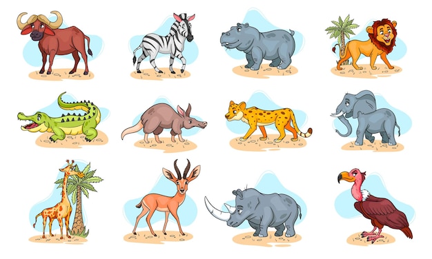 Großes Set afrikanischer Tiere. Lustige Tierfiguren im Cartoon-Stil. Kinderillustration. Vektorsammlung.