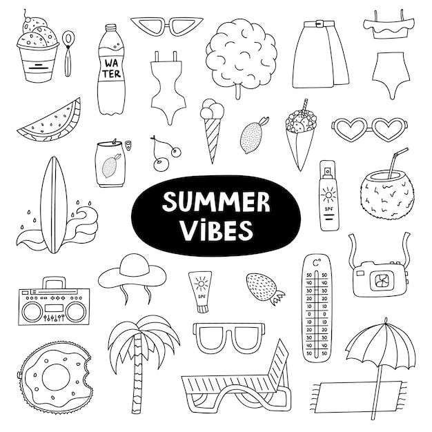 Großes trendiges Set über Sommerferien tropischer Strand heißes Wetter Sommerruhe Handgezeichneter Vektorurlaub im flachen Stil Isoliertes Doodle und Clipart Saisonale Getränke Unterhaltungsoutfits