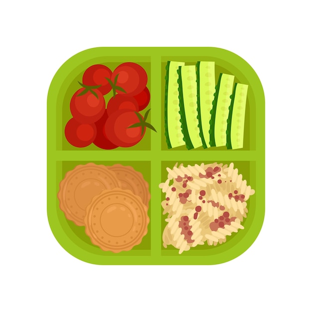 Gurkenscheiben, rote, reife Tomaten, Kekse und Nudeln mit Fleisch in grüner Lunchbox, Draufsicht, Plastiktablett mit leckerer Mahlzeit, Lebensmittelthema, Cartoon-Vektordesign, flaches Symbol isoliert auf weißem Hintergrund