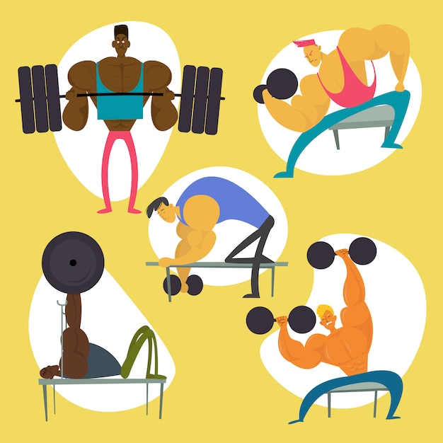 Gym Workout Zeichensatz. Eignung-Mann-Abbildung Ansammlung. Flache Vektor-Illustration