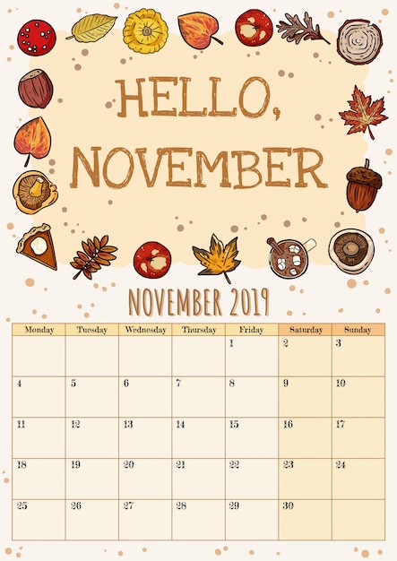 Vektor hallo november niedlichen gemütlichen hygge 2019 monatskalender planer mit herbst dekor