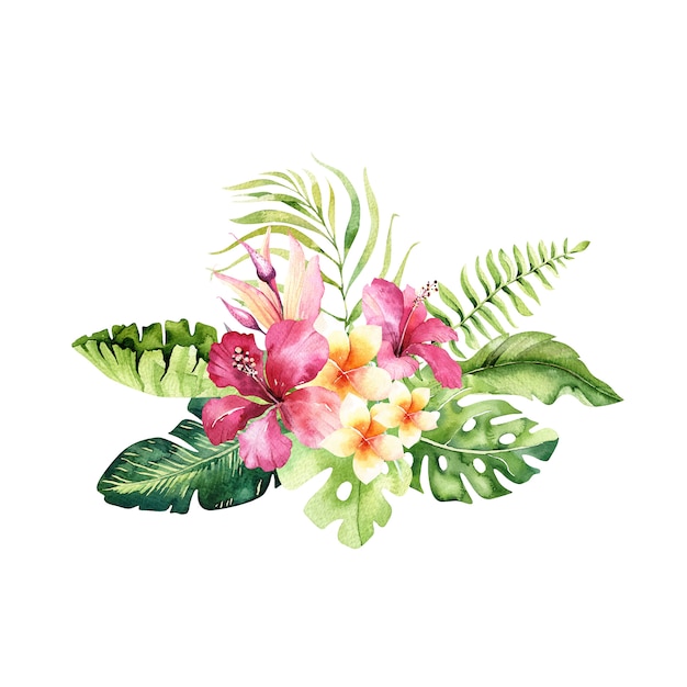 Hand gezeichnete tropische Blumensträuße des Aquarells. Exotische Palmblätter, Dschungelbaum, brasilianische tropische Botanikelemente und Blumen.