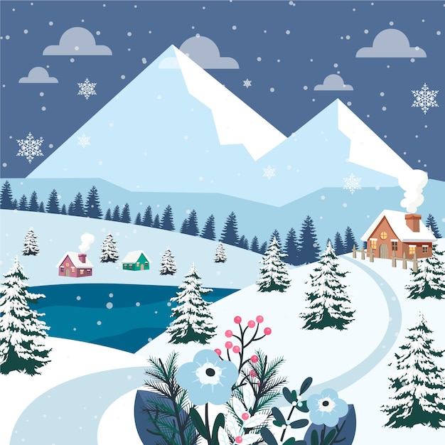 Handgezeichnete flache Winterlandschaft