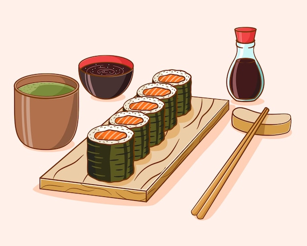 Vektor handgezeichnete sushi-cartoon-illustration