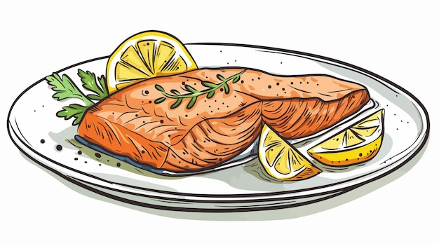 Vektor handgezeichnete vektorillustration eines köstlichen lachs- und meeresfrüchte-gerichtes