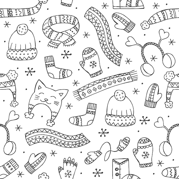 Handgezeichnete Winterkleidung Nahtloses Muster Endloses Ornament Vektordarstellung im Doodle-Stil Winterstimmung Hallo 2023 Frohe Weihnachten und ein gutes neues Jahr Schwarze Elemente auf weißem Hintergrund