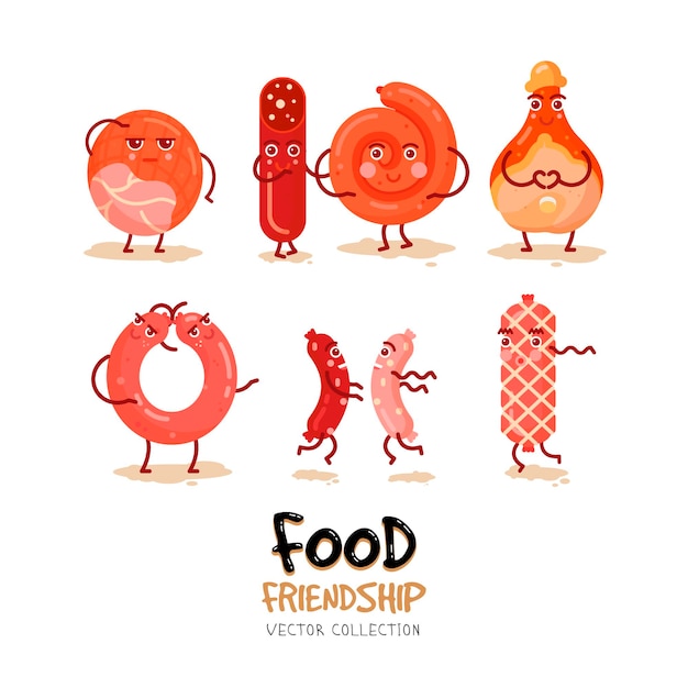 Happy Meat Food flaches Design Cartoon Fleisch lächelnde Charaktere Salami und Wurstspeck