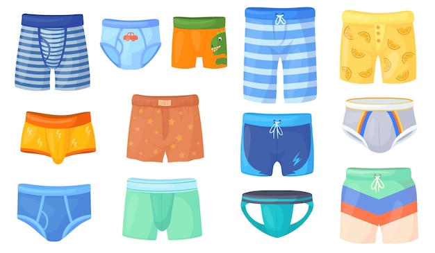 Vektor herrenunterhosen herrenunterwäsche hosen slips lässige boxerhöschen oder badehose weißer junge dessous männliche bekleidung lustige shorts mann kleidung cartoon ordentliche vektorillustration